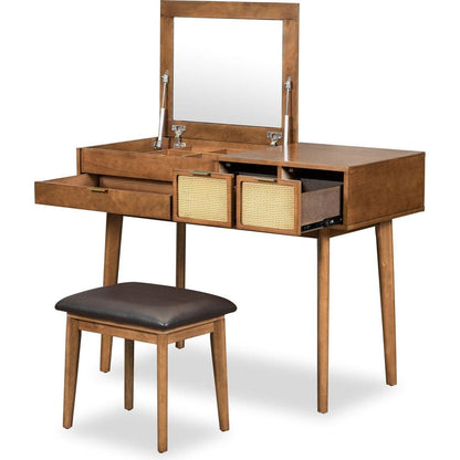 43.3" Classic Wood Makeup Vanity Set with Flip-top Mirror and Stool, Dressing Table with Three Drawers and storage space, Brown