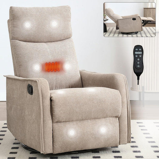 Heat Massage Manual Recliner Chair with Rocker and Swivel in Fabric for Living Room, Khaki