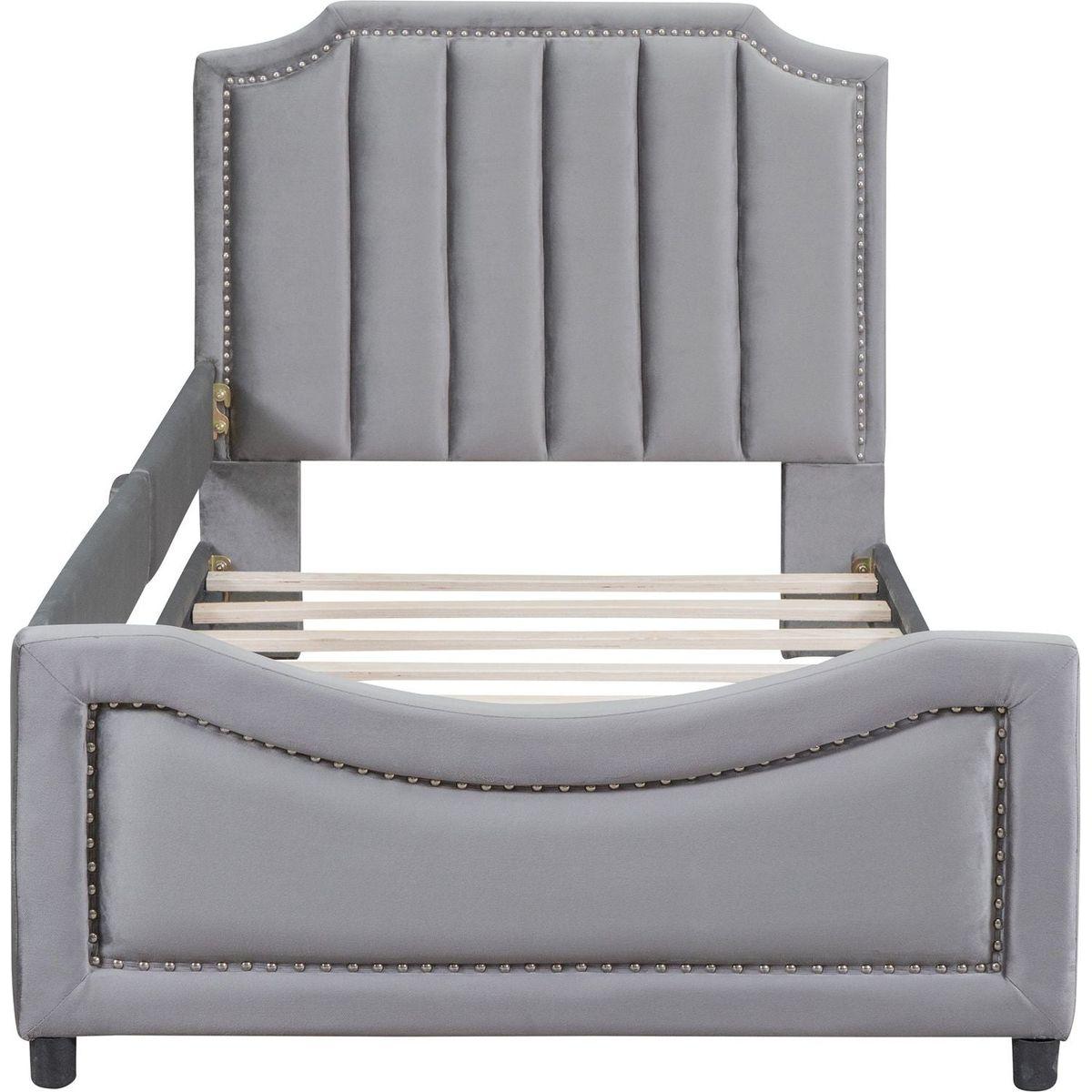 Twin Size Upholstered Daybed with Classic Stripe Shaped Headboard, Gray