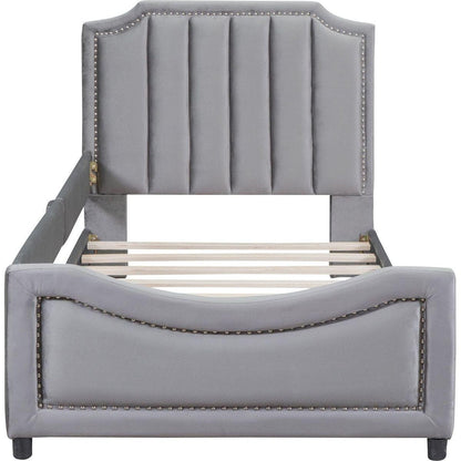 Twin Size Upholstered Daybed with Classic Stripe Shaped Headboard, Gray