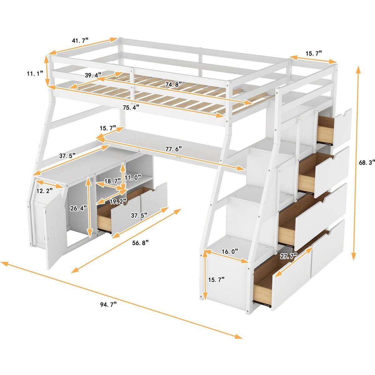 Twin Size Loft Bed with 7 Drawers 2 Shelves and Desk - White