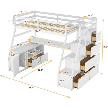 Twin Size Loft Bed with 7 Drawers 2 Shelves and Desk - White