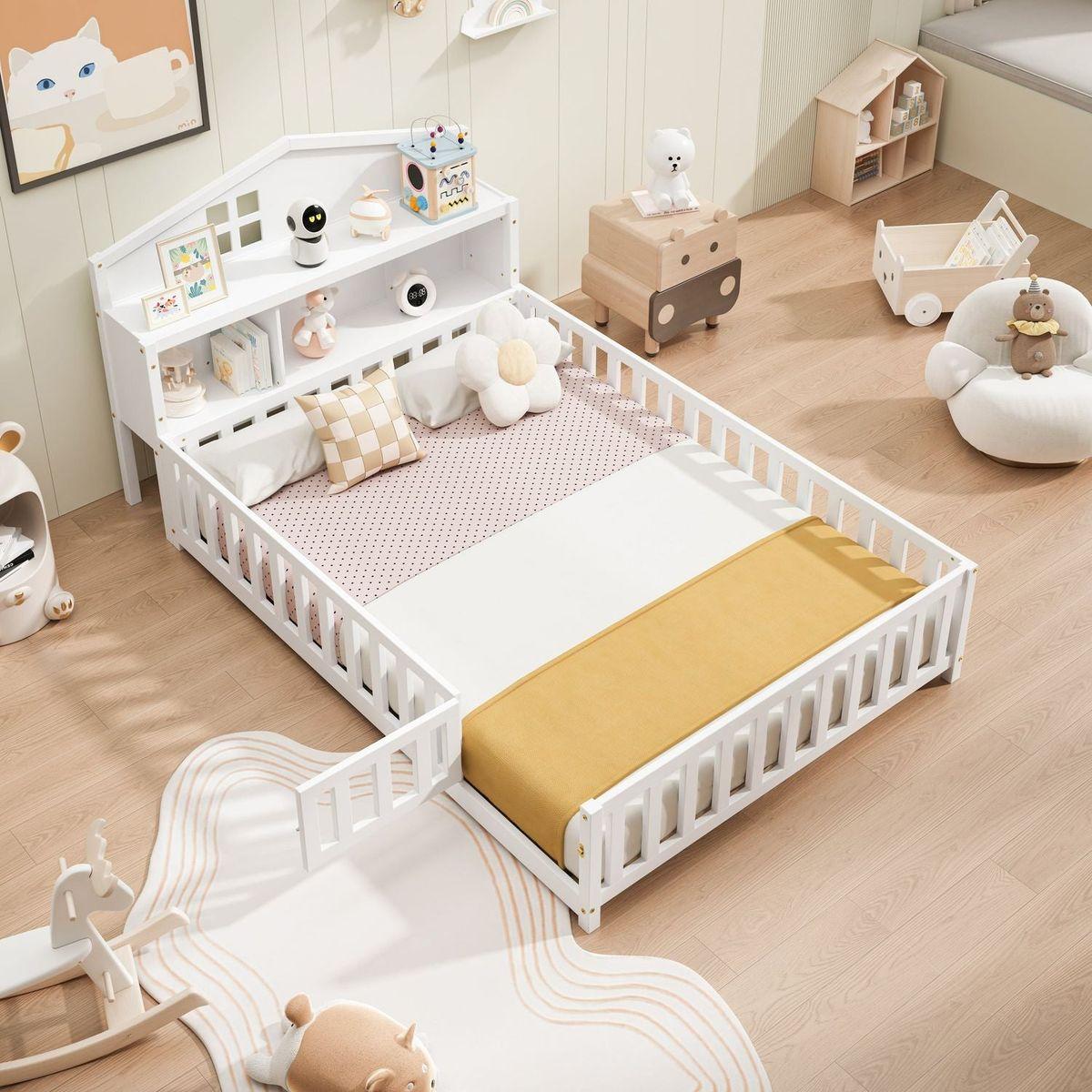 Full-size Floor Beds with Bookcases and Blackboards, Versatile Platform Beds with Guard rails, Solid Wood Floor Beds with Storage Headboards, Floor Beds for Kids and Teens White