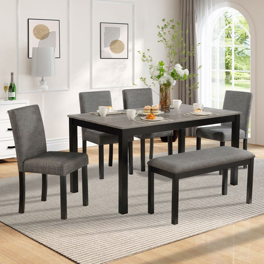 Modern 6-Piece Dining Table Set with Bench and Chairs for Dining Room or Kitchen – Light Grey & Black Two-Tone