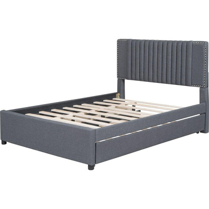 Full Size Upholstered Platform Bed with 2 Drawers and 1 Twin Size Trundle, Classic Headboard Design, Gray