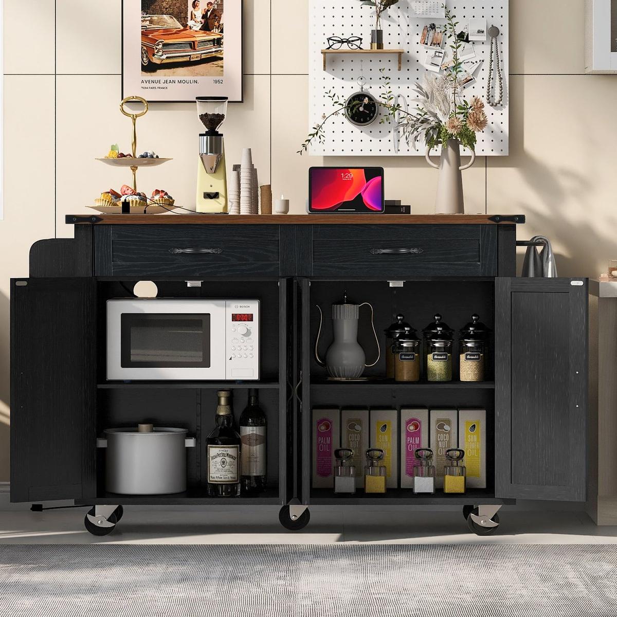 53.5"Farmhouse Kitchen Island with Power Outlet, Kitchen Storage Island with Drop Leaf, Spice Rack and Drawer, Rolling Kitchen Cart on Wheels, for Home, Kitchen and Dining Room, Black