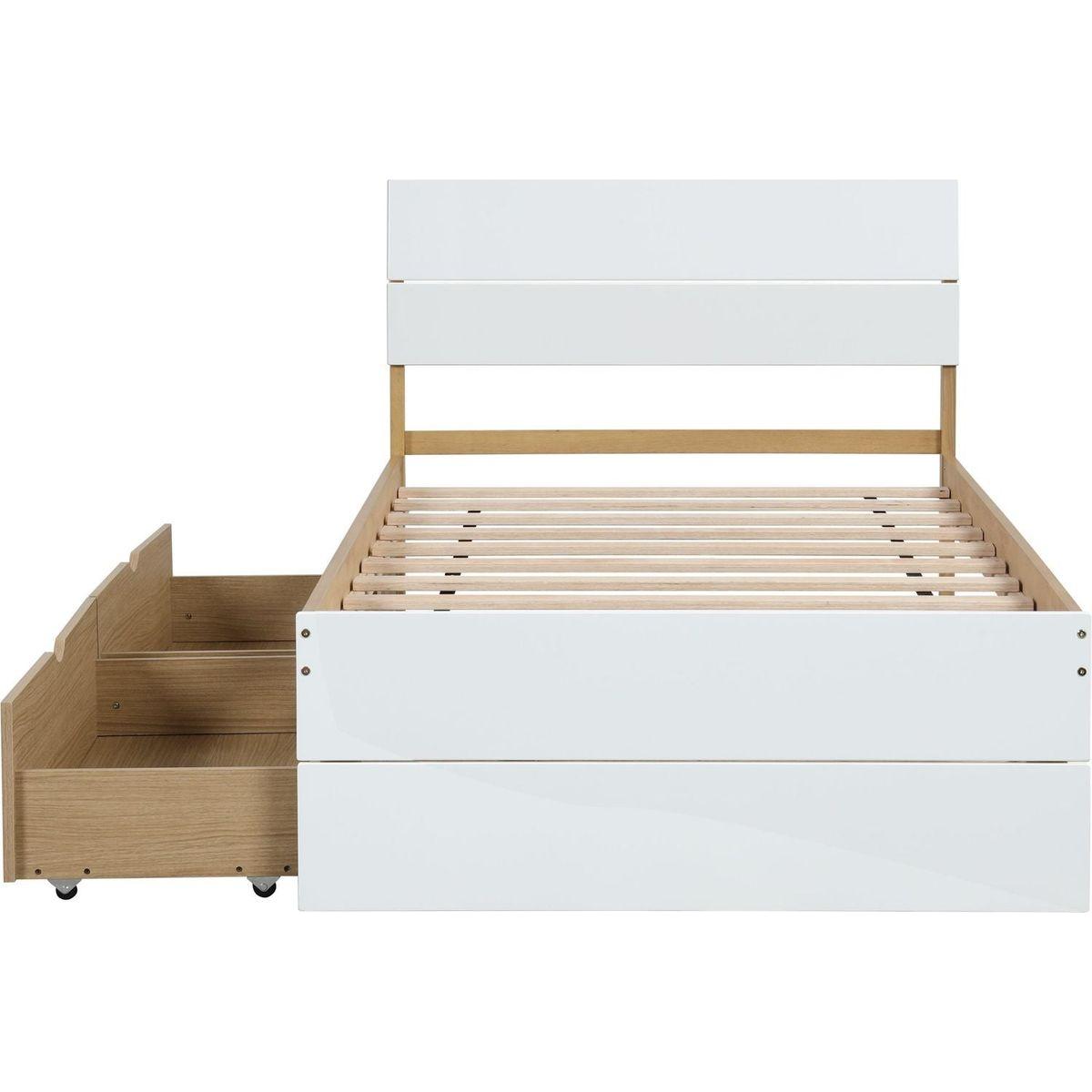 Modern Twin Bed Frame With 2 Drawers For White High Gloss Headboard and Footboard With Light Oak Color