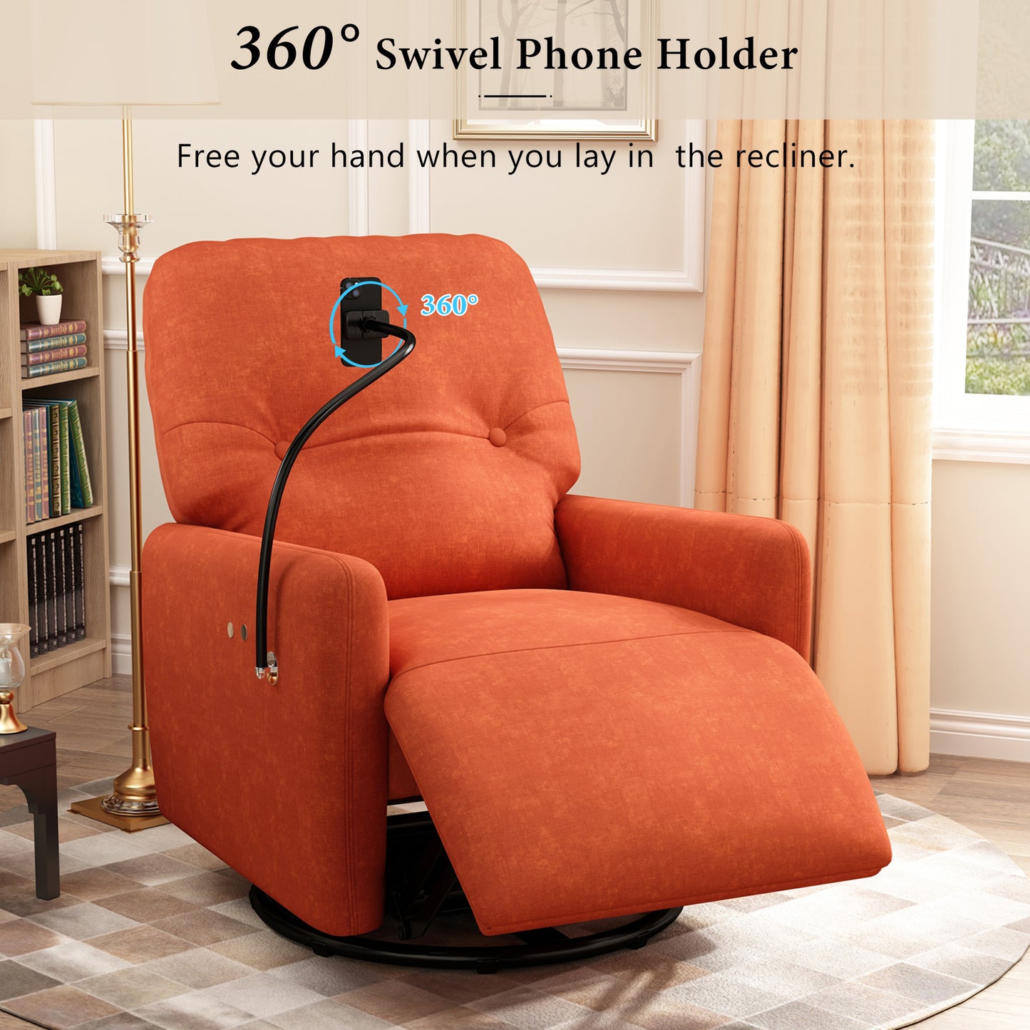 270 Degree Swivel Electric Recliner Home Theater Seating Single Reclining Sofa Rocking Motion Recliner with a Phone Holder for Living Room, Orange