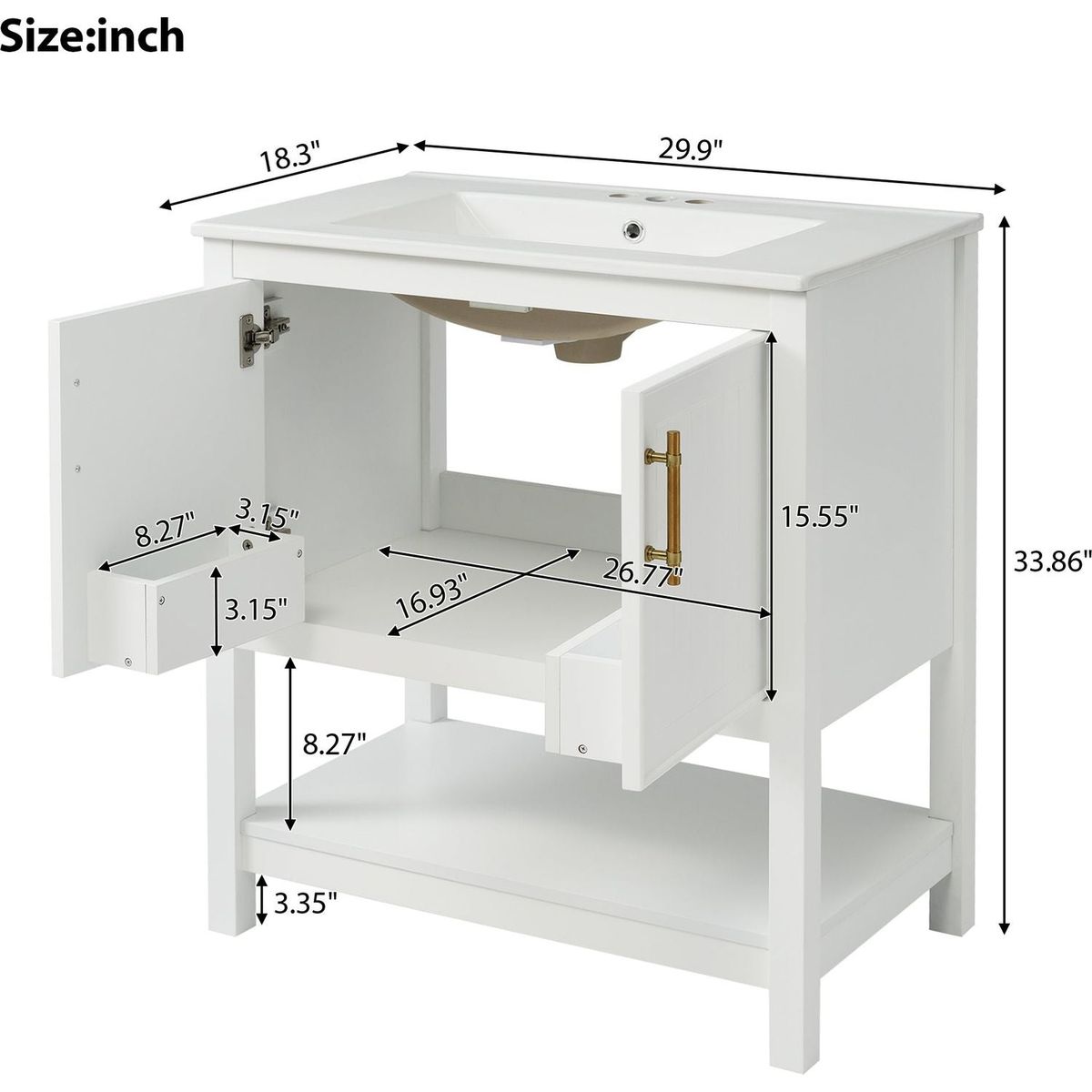 30-Inch White Bathroom Vanity with Ceramic Sink and Versatile Storage - Ideal for Small Bathrooms