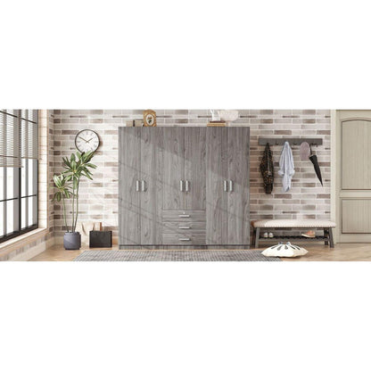 6-Doors Wooden Wardrobe Storage for Bedroom, with Big Drawers, Gray
