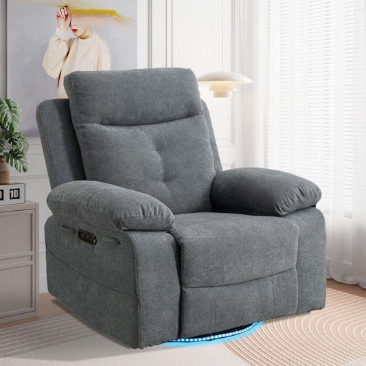 Power Recliner Glider Chair With Bluetooth Speaker 270 Degree Swivel With LED Light Side Arm With Storage Pockets USB+Type C Charging Port Button Control Retractable Footrest Adjustable Backrest LG