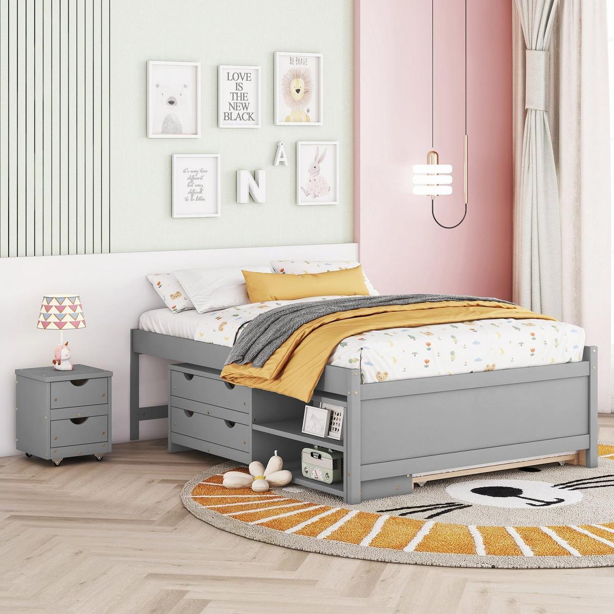 Versatile Full Bed with Trundle,Under bed Storage Box and Nightstand .Grey