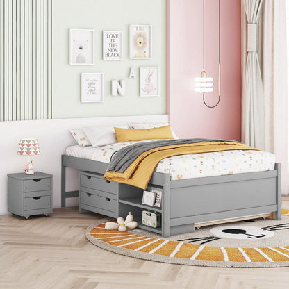 Versatile Full Bed with Trundle,Under bed Storage Box and Nightstand .Grey