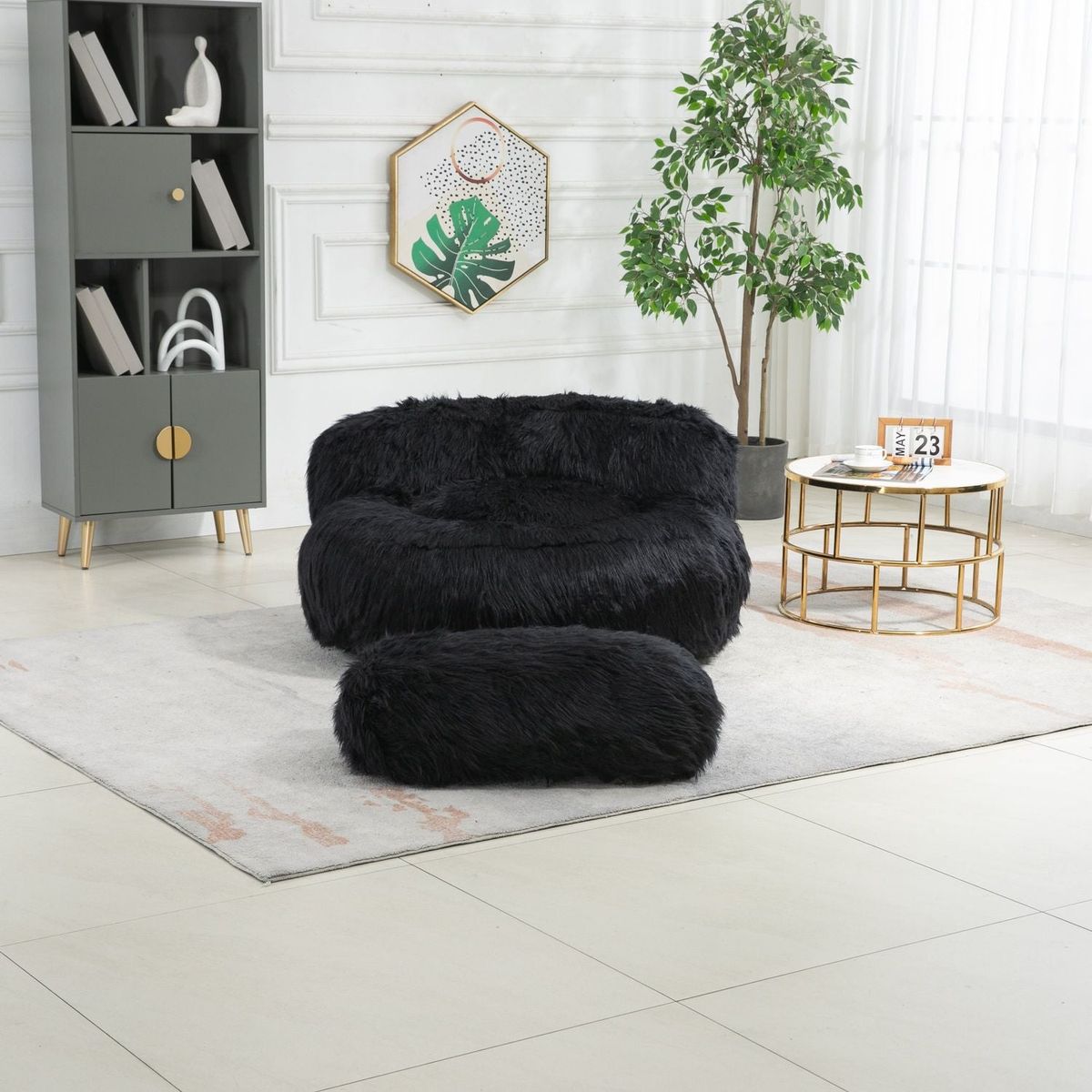 Bean Bag Chair Faux fur Lazy Sofa /Footstool Durable Comfort Lounger High Back Bean Bag Chair Couch for Adults and Kids, Indoor