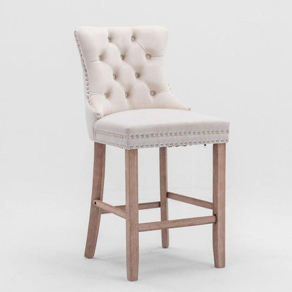 Contemporary Velvet Upholstered Barstools with Button Tufted Decoration and Wooden Legs, and Chrome Nailhead Trim, Leisure Style Bar Chairs,Bar stools, Set of 2 (Beige)