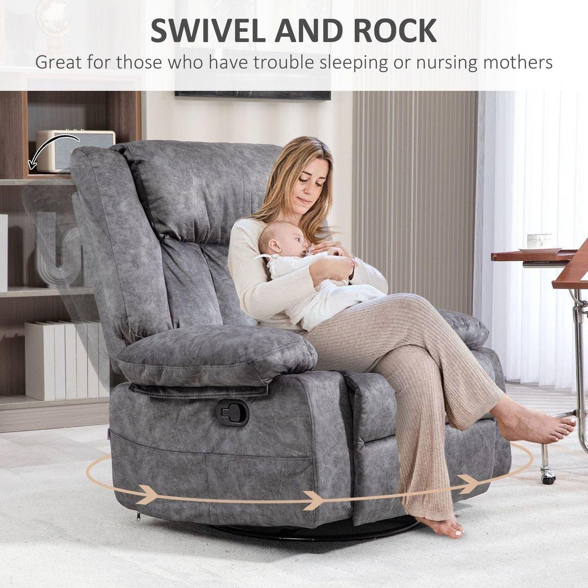 Swivel Rocker Recliner Chair for Living Room, Fabric Reclining Chair for Nursery, Rocking Chair with Footrest, Side Pockets, Charcoal Gray