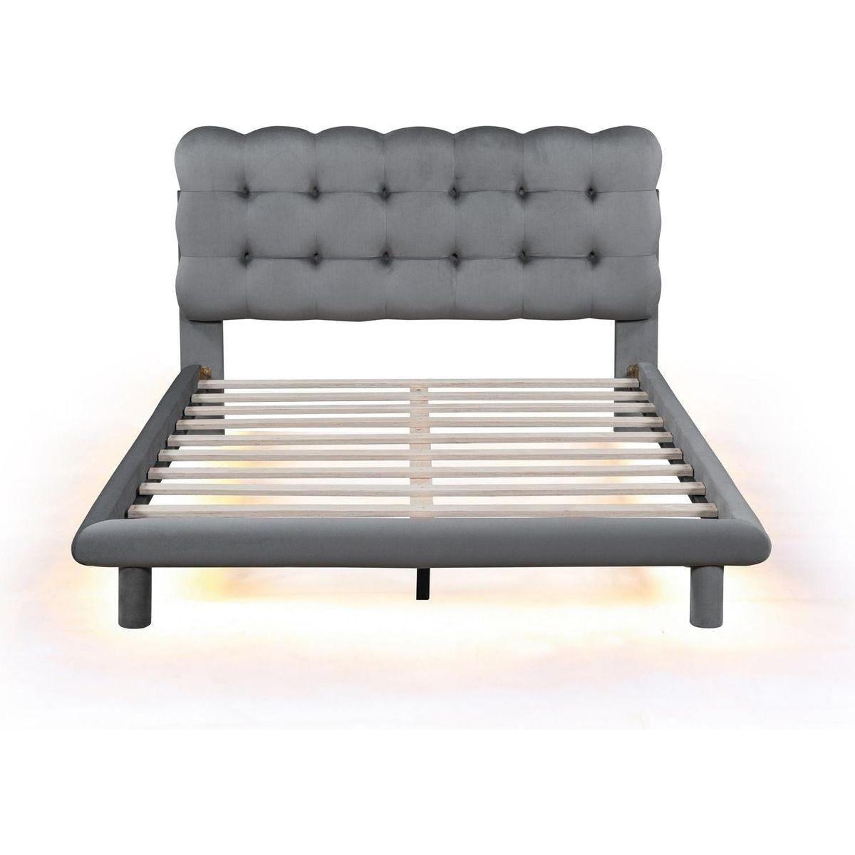 Full Size Velvet Platform Bed with LED Frame, Thick & Soft Fabric and Button-tufted Design Headboard, Gray