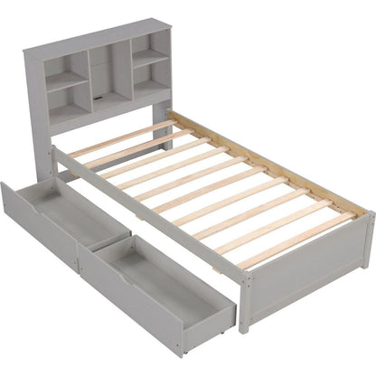 Modern Twin Size Bed Frame With Built-in USB Port on Bookcase Headboard and 2 Drawers for Grey Color
