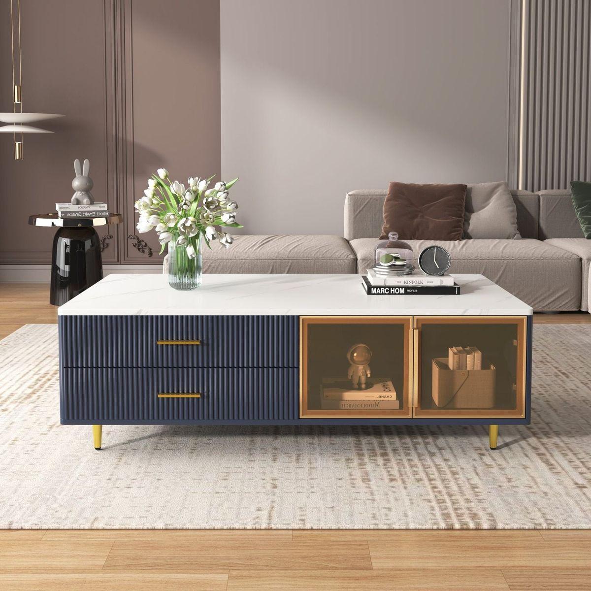 Modern Navy Blue Coffee Table with 2 Glass Door Storage, 4 Drawers, Gold Metal Legs, and Multi-Color Lighting in 47.2"