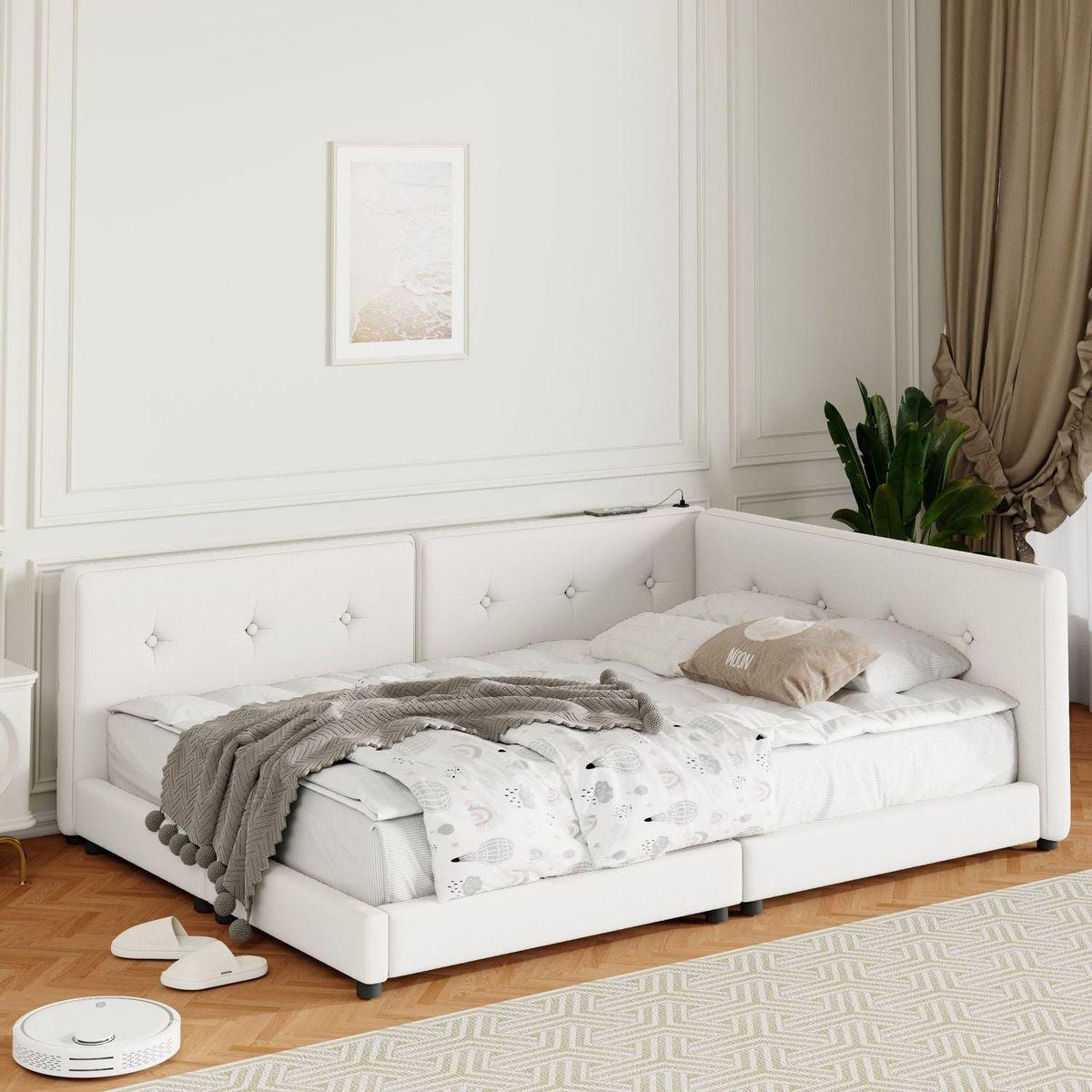 Upholstered Queen Size platform bed with USB Ports, Beige