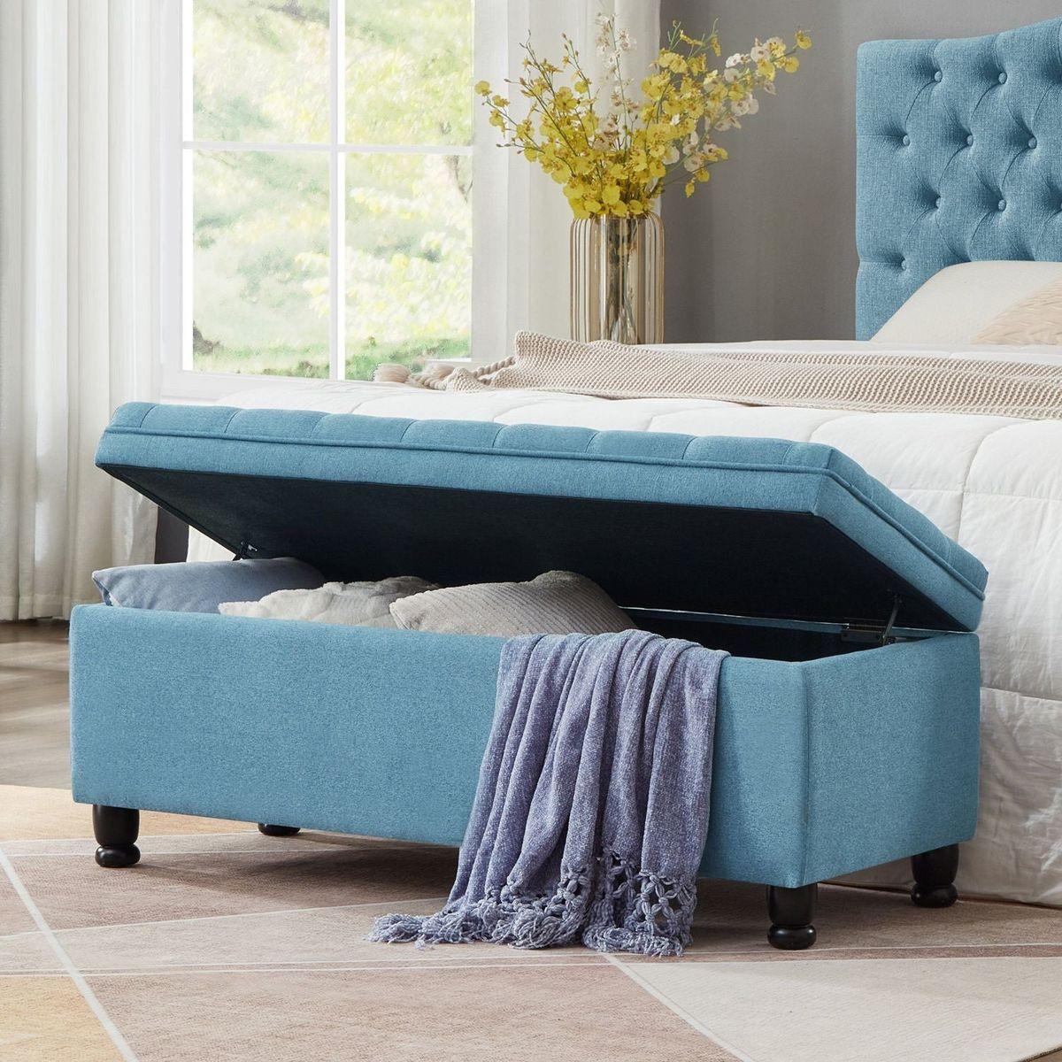 Upholstered tufted button storage bench, Linen fabric entry bench with spindle wooden legs, Bed bench- Light Blue