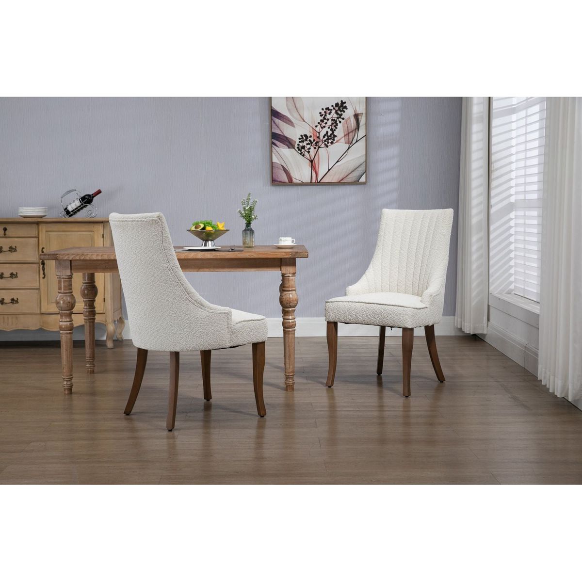 Exquisite White Boucle Upholstered Strip Back Dining Chair with Solid Wood Legs 2 Pcs