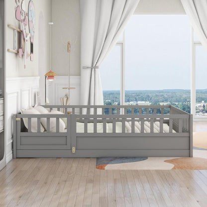 Full size Floor bed, integral construction with super high security barrier, door, children's floor bed frame, Montessori wooden children's floor bed, Support slat Grey
