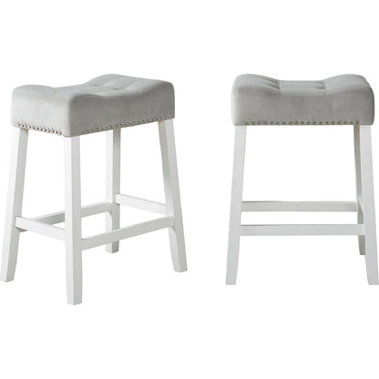 Morovo Set of 2 Velvet Counter Height Stools with Tufted Saddle Seats, White-Wash Finish, Gray