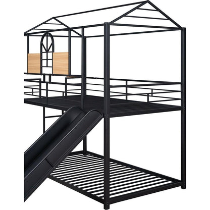 Twin Over Twin Metal Bunk Bed, Metal Housebed With Slide,Three Colors Available.(Black with Black Slide)