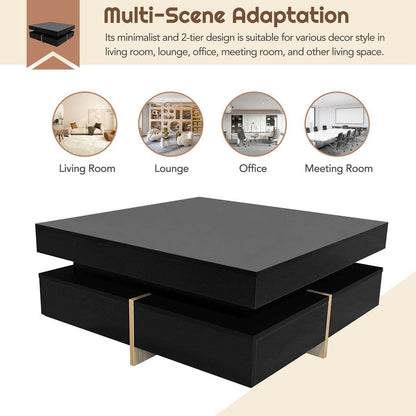 Modern High Gloss Coffee Table with 4 Drawers, Multi-Storage Square Cocktail Tea Table with Wood Grain Legs, Center Table for Living Room, 31.5"x31.5", Black