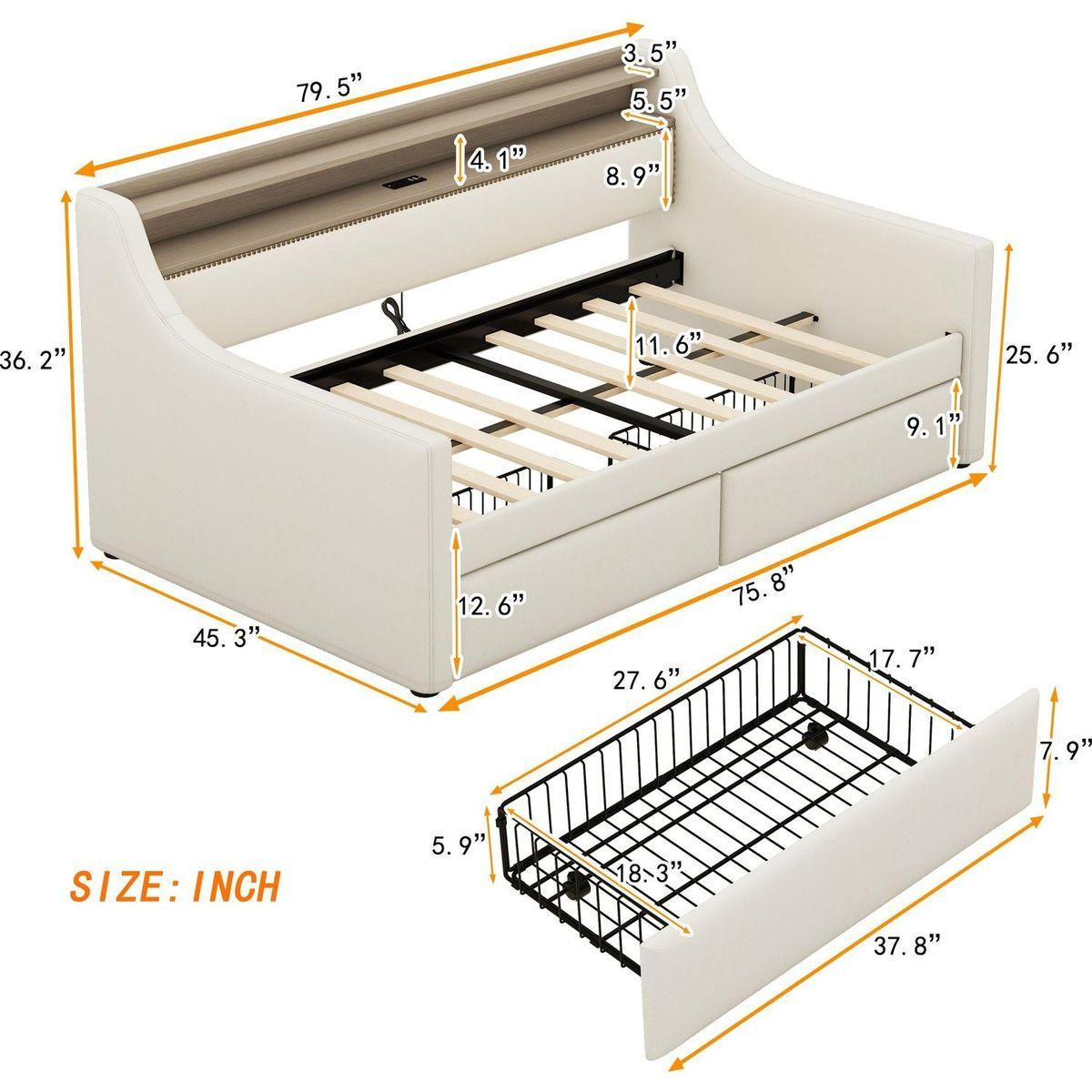 Twin Size Daybed with Storage Drawers, Upholstered Daybed with Charging Station and LED Lights, Beige