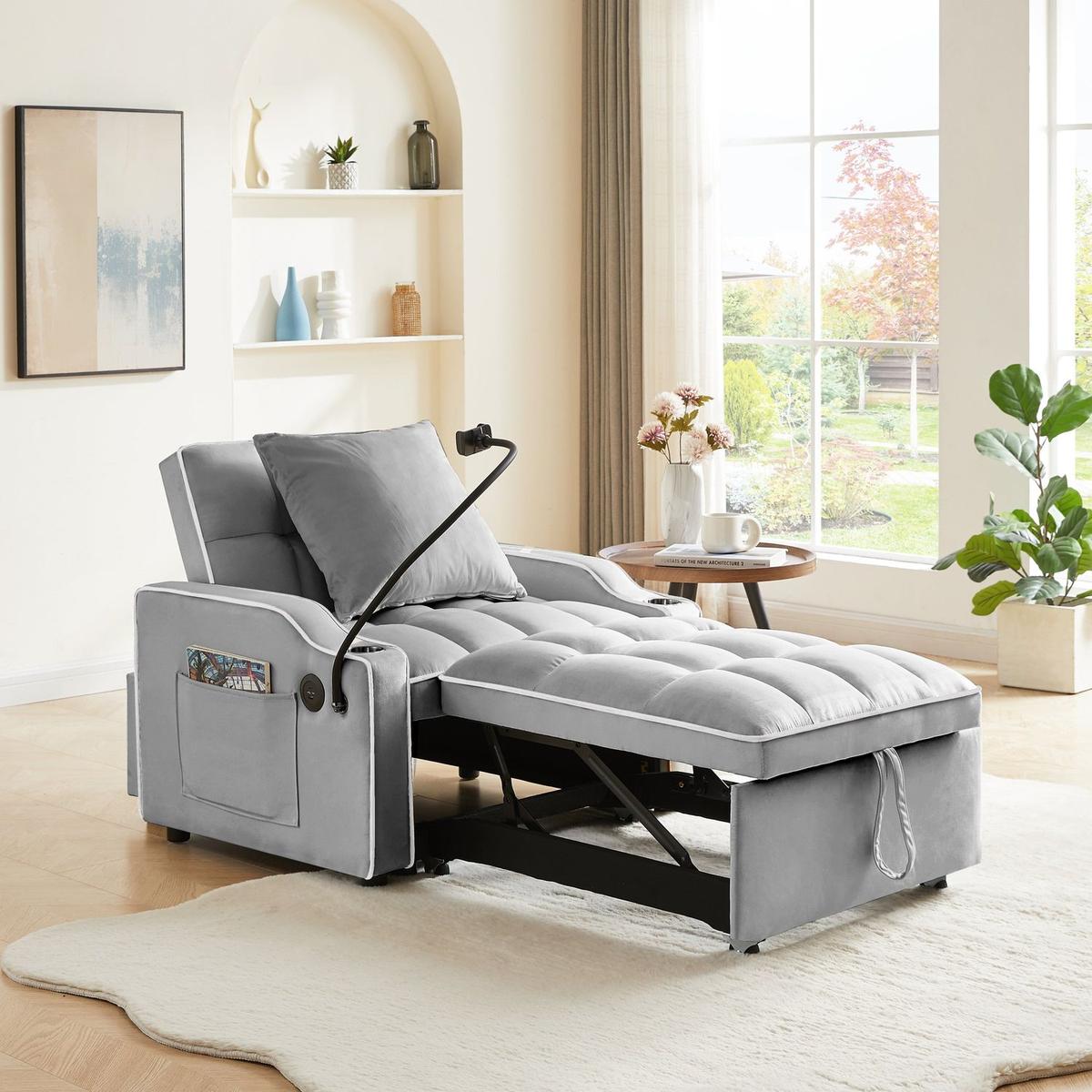 Convertible Sleeper Chair Sofa Bed Adjustable Pull Out Sleeper Chair Bed Multi-Pockets Folding Sofa Bed for Living Room Bedroom Small Space,3-in-1 Sofa Bed