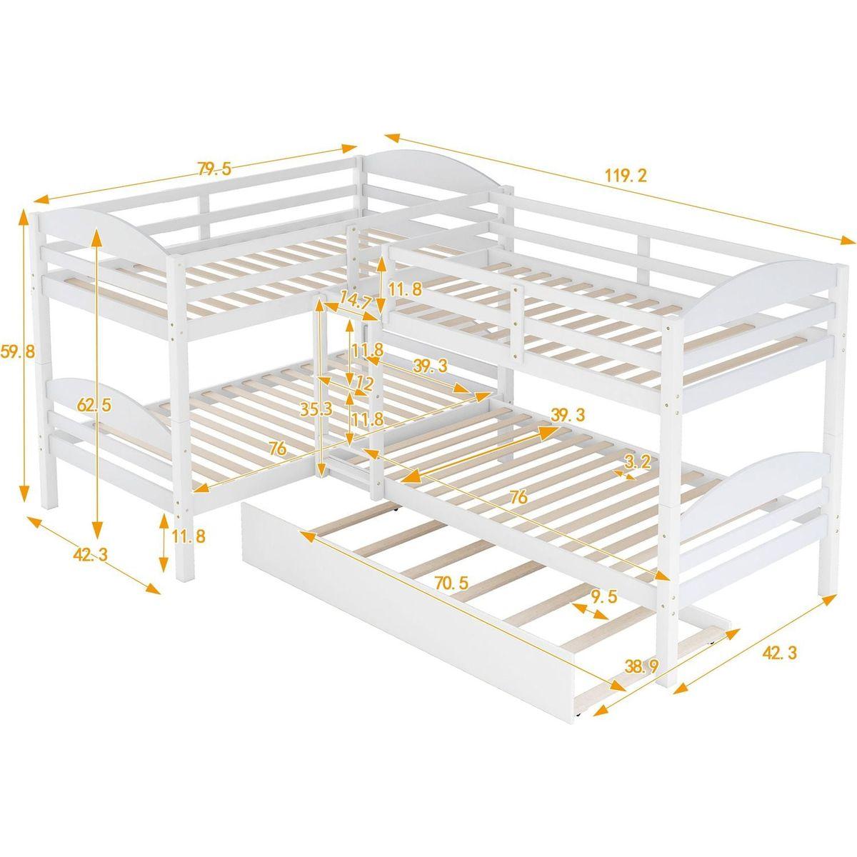 Twin L-Shaped Bunk bed with Trundle-White{O