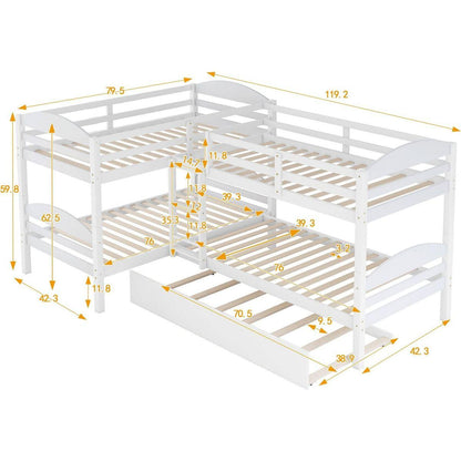 Twin L-Shaped Bunk bed with Trundle-White{O