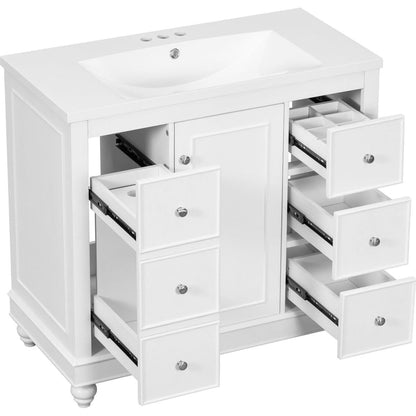 Contemporary White Bathroom Vanity Cabinet - 36x18x34 inches, 4 Drawers & 1 Cabinet Door, Multipurpose Storage, Resin Integrated Sink, Adjustable Shelves, Solid Wood Frame with MDF