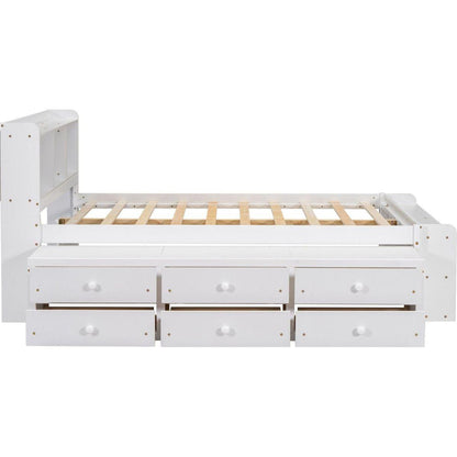 Full Bed with Bookcase Headboard, Under bed Storage Drawers and Bed End Storage Case,White