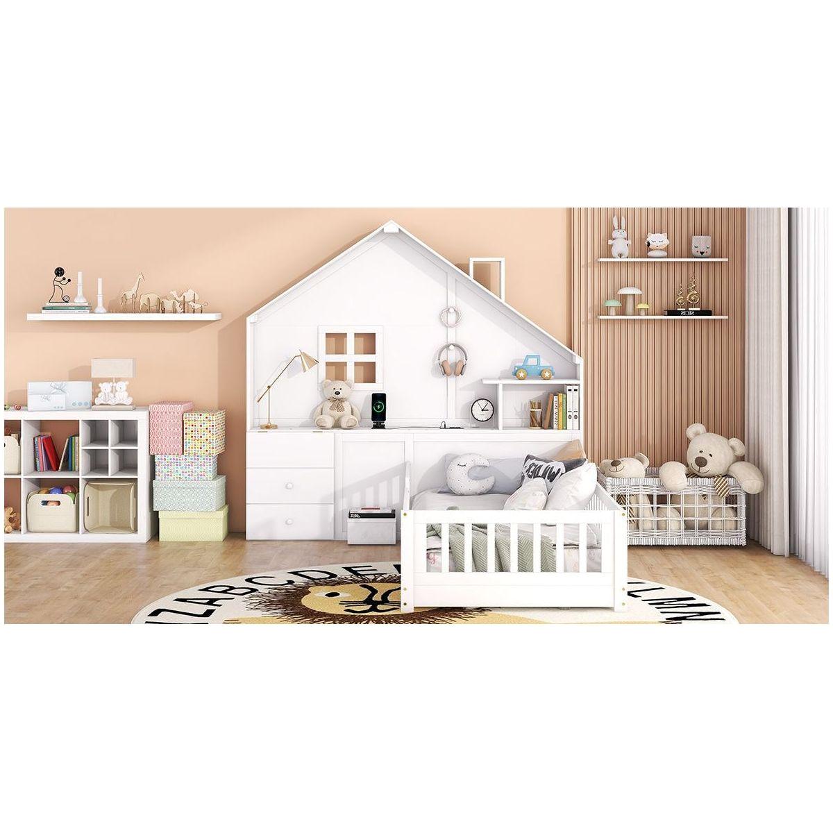 Twin Size House Bed with Window and Bedside Drawers, Platform Bed with Shelves and a set of Sockets and USB Port, White