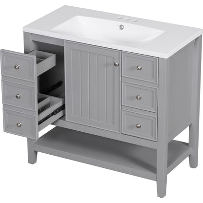 36" Bathroom Vanity with Sink Combo, One Cabinet and Three Drawers, Solid Wood and MDF Board, Grey