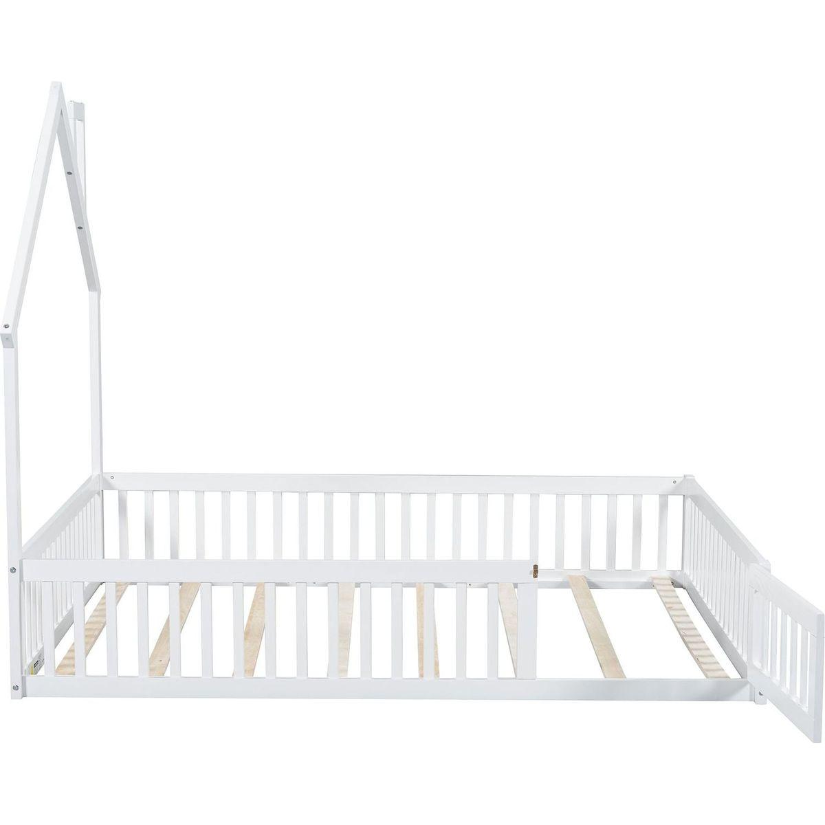 Wood Full Size House Platform Bed with Guardrail, White
