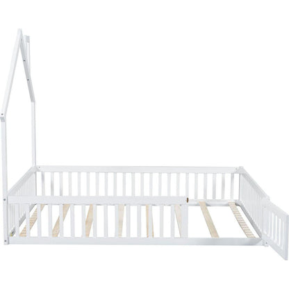 Wood Full Size House Platform Bed with Guardrail, White
