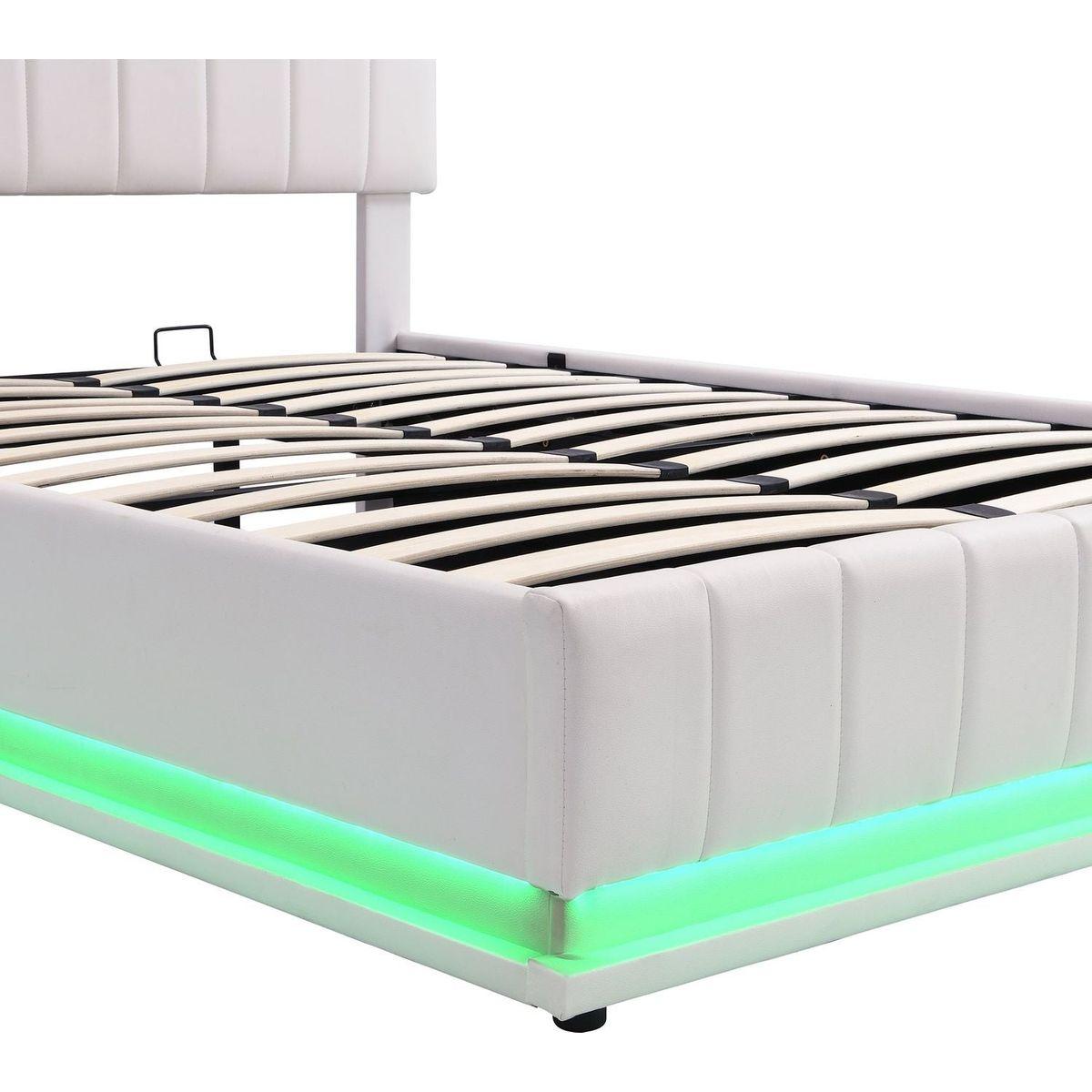 Full Size Upholstered Bed with Hydraulic Storage System and LED Light, Modern Platform Bed with Sockets and USB Ports, White