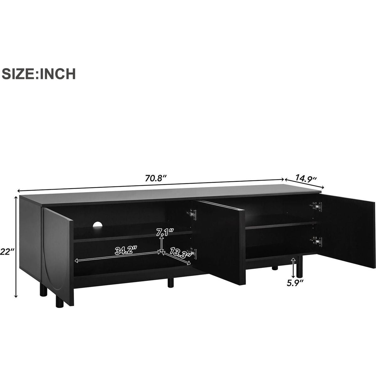 Graceful TV Stand with Arch Cabinets for TVs Up to 78", Minimalist Entertainment Center with Solid Wood Legs, Practical Media Console with Adjustable Shelves for Living Room, Black