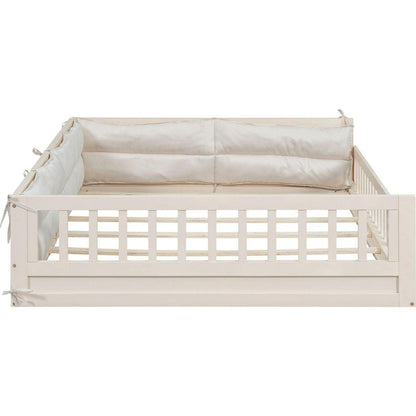 Wood Full Size Upholstered Platform Bed with Guardrail and Pillow, Beige