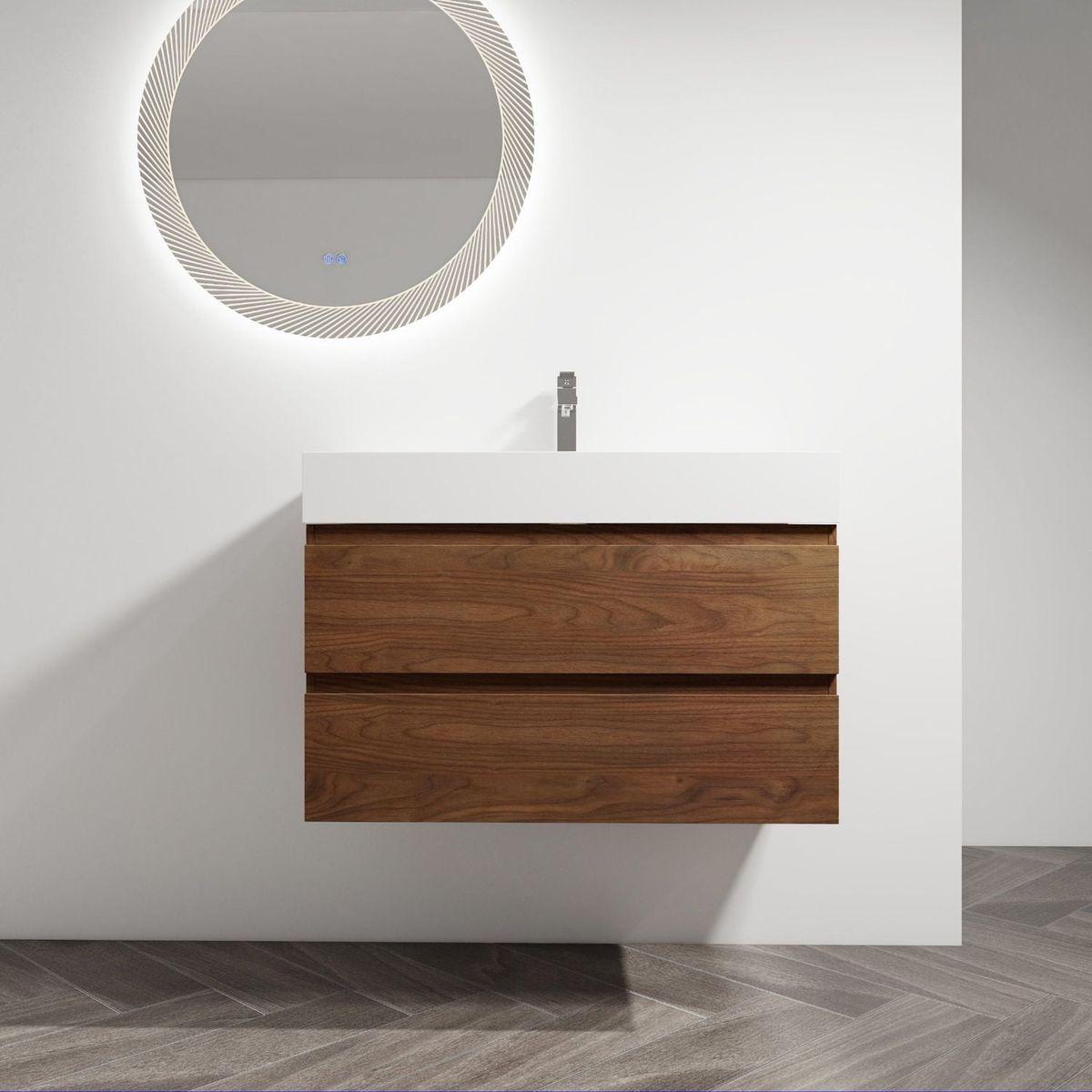 36" Wall-Mounted Bathroom Vanity With Resin Sink, 2-Soft Close Drawers, KD-Package