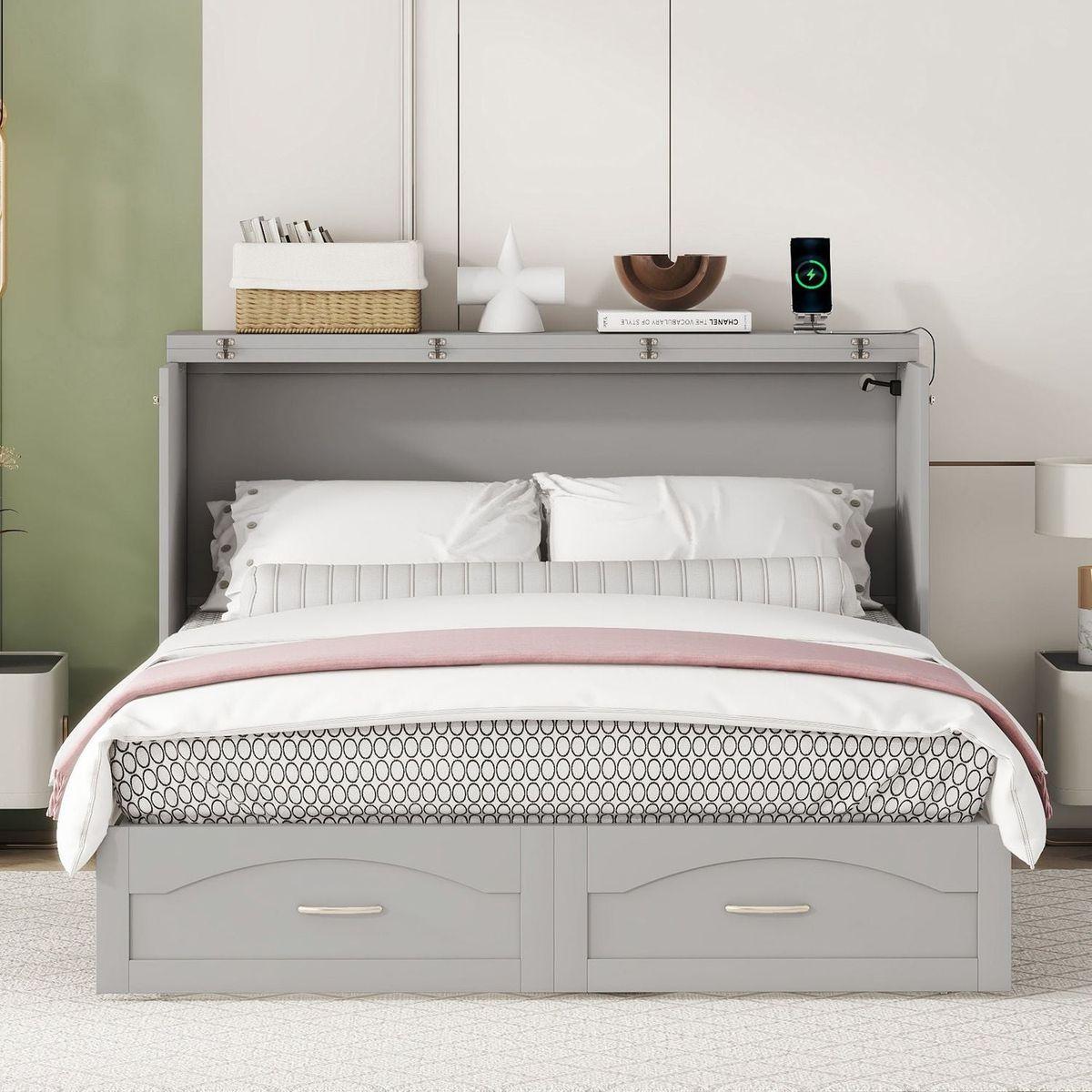Queen Size Murphy Bed Wall Bed with drawer and a set of Sockets & USB Ports, Pulley Structure Design, Gray