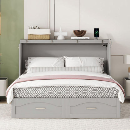 Queen Size Murphy Bed Wall Bed with drawer and a set of Sockets & USB Ports, Pulley Structure Design, Gray