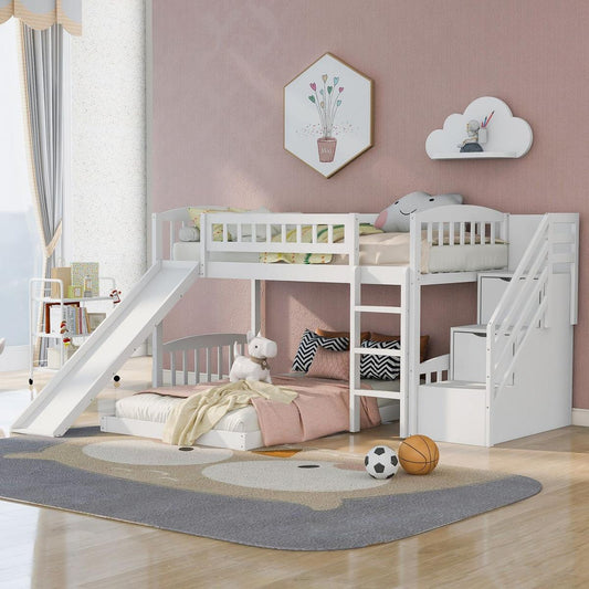 Stairway Twin over Twin Bunk Bed with Two Drawers and Slide, White
