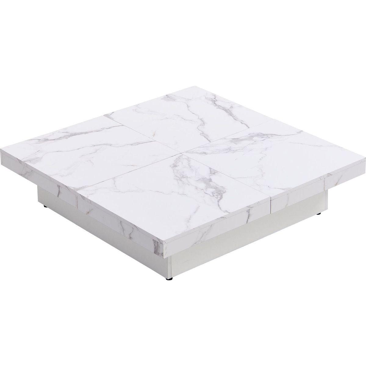 Square Marble Veneer Coffee Table Sliding Top with Storage in White 39.4"