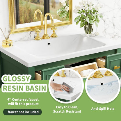 30" Bathroom Vanity with Resin Sink Combo, Free Standing Single Vanity Set with 5 Drawers, Solid Wood Frame Bathroom Storage Cabinet, Green