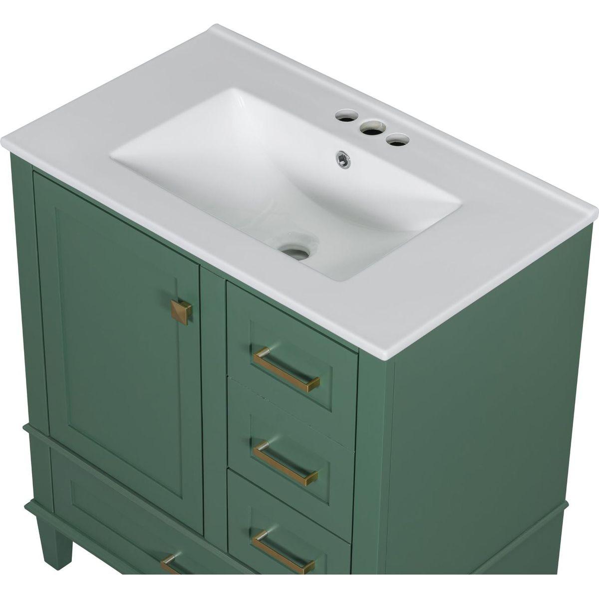 30" Bathroom Vanity in Green, Modern Bathroom Cabinet with Sink Combo Set, Bathroom Storage Cabinet with a Soft Closing Door and 3 Drawers, Solid Wood Frame